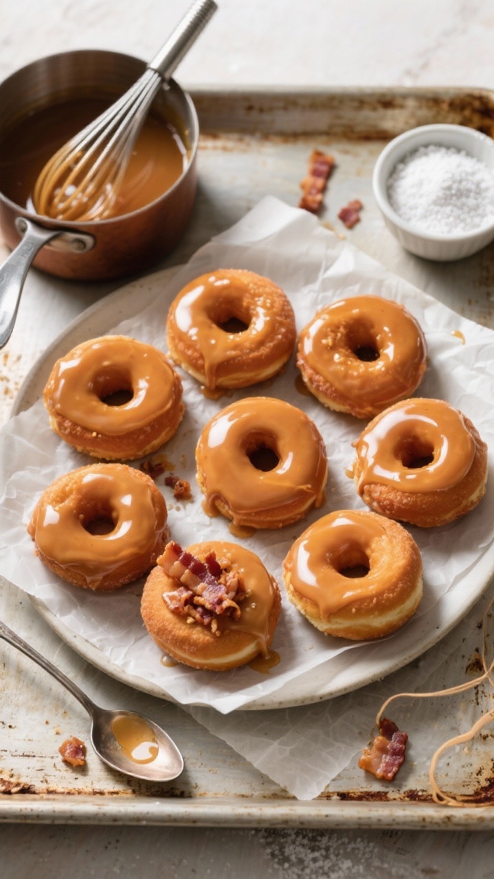 Overhead final presentation: A top-down shot of a plate of maple glazed doughnuts arranged in a loos
