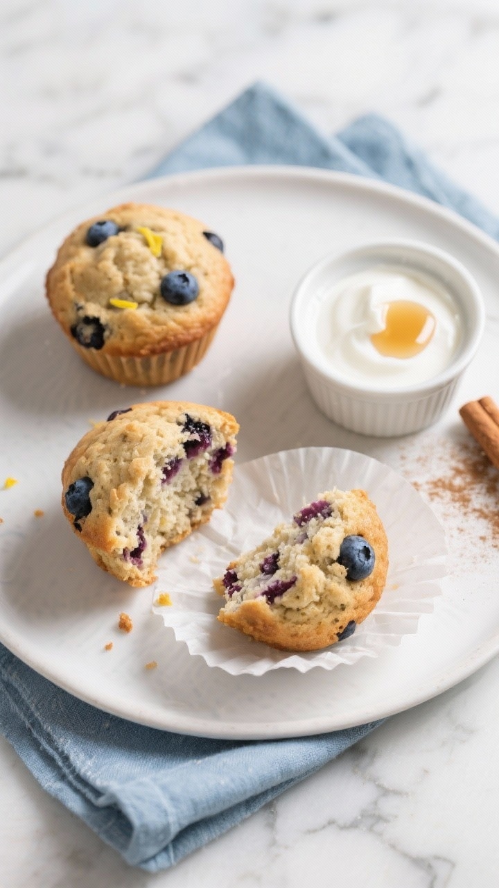 Overhead final presentation of a breakfast setup: three Greek yogurt blueberry protein muffins on a 