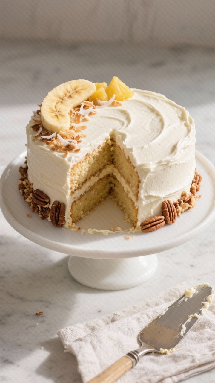 Overhead final presentation of a fully assembled hummingbird cake on a white cake stand: smooth crea