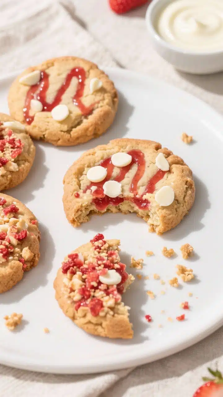 Overhead final presentation of bakery-style strawberry shortcake crunch cookies on a matte white pla