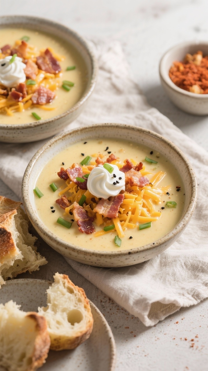 Overhead final presentation of loaded baked potato soup in rustic ceramic bowls on a linen napkin: u