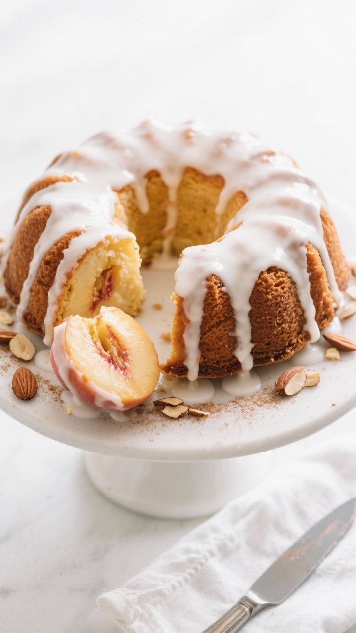 Overhead final presentation of the whole peaches and cream bundt cake on a matte white cake stand, e