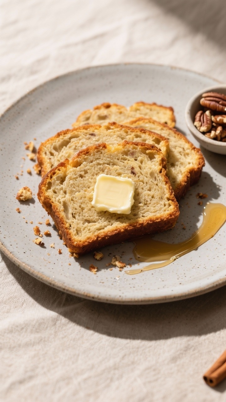 Overhead final presentation of thick-cut slices of banana bread arranged slightly overlapped on a ma