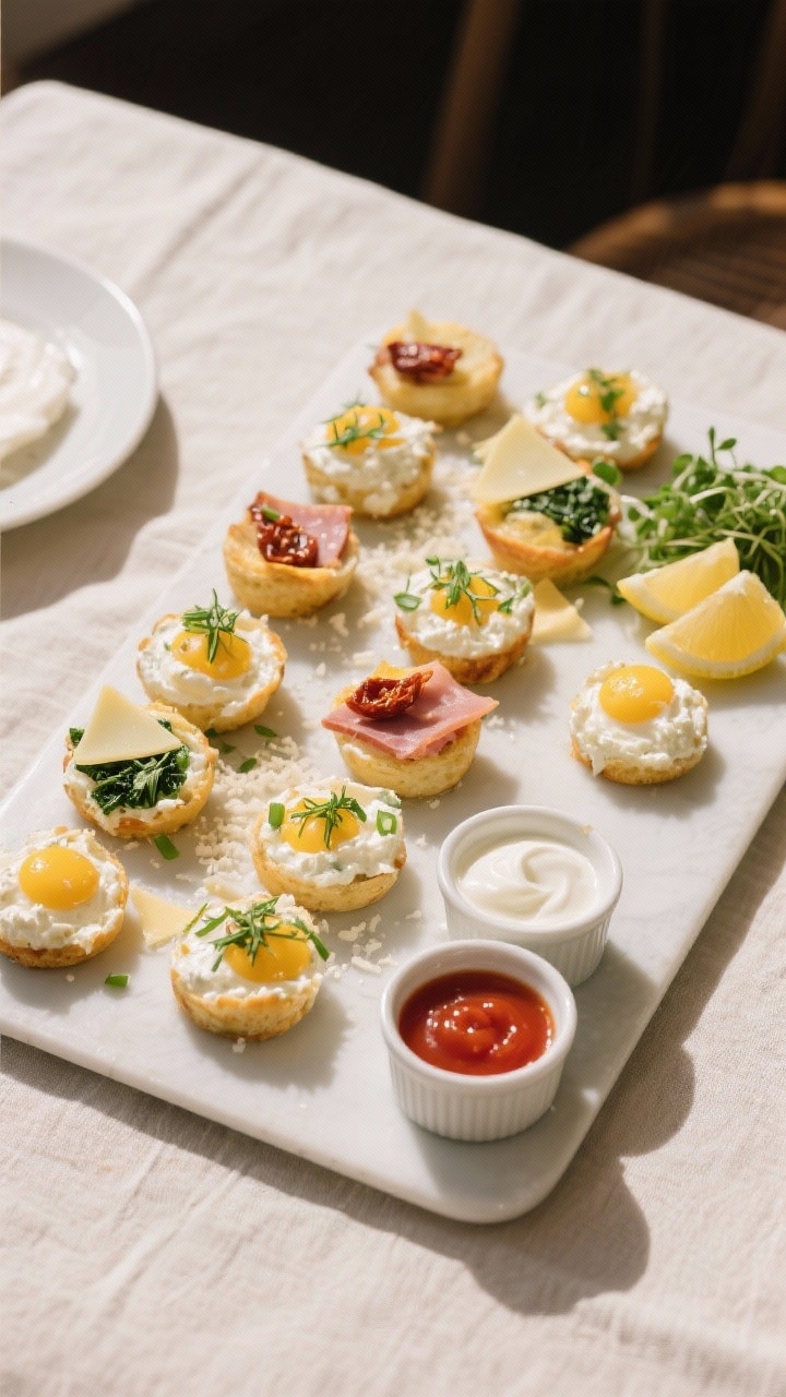 Overhead final presentation: Tasty of a brunch board featuring a dozen cottage cheese egg bites arra