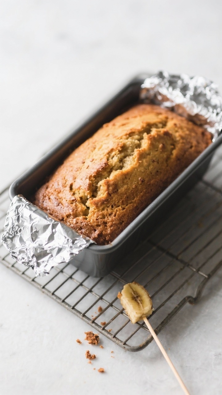Overhead shot: Freshly baked vegan banana bread in the loaf pan with a deep golden, gently domed top
