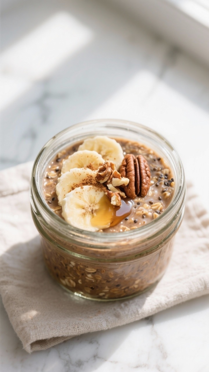 Overhead shot of a chilled jar of brown sugar overnight oats just after a morning stir, creamy and t
