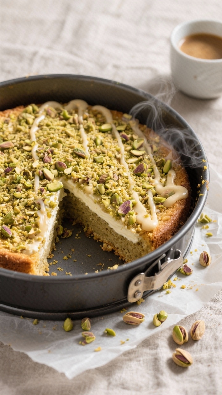 Overhead shot of a freshly baked pistachio coffee cake in a 9-inch springform pan, golden pistachio