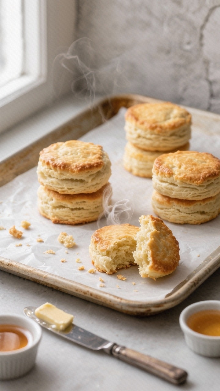 Overhead shot of freshly baked breakfast protein biscuits cooling on a parchment-lined sheet pan, ta