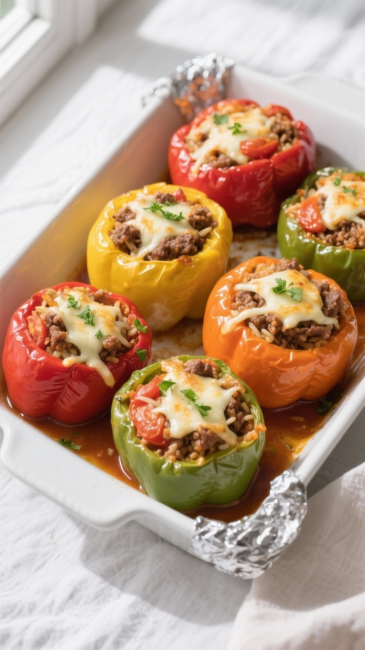 Overhead shot of freshly baked stuffed bell peppers in a white ceramic baking dish, six colorful pep