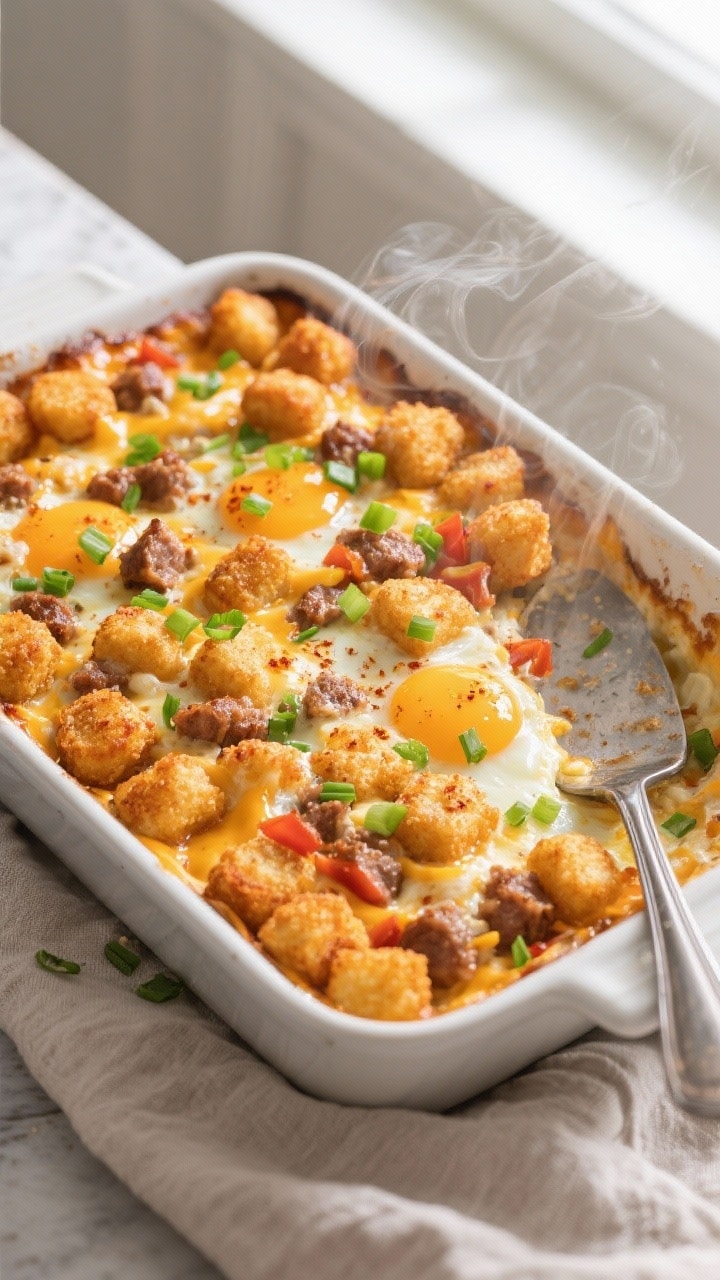 Overhead shot of the baked tater tot sausage breakfast casserole just out of the oven, golden and cr