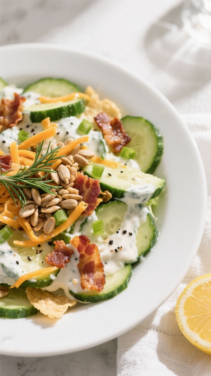 Overhead shot of the finished Cucumber Ranch Crack Salad in a wide, shallow white bowl: glossy half-