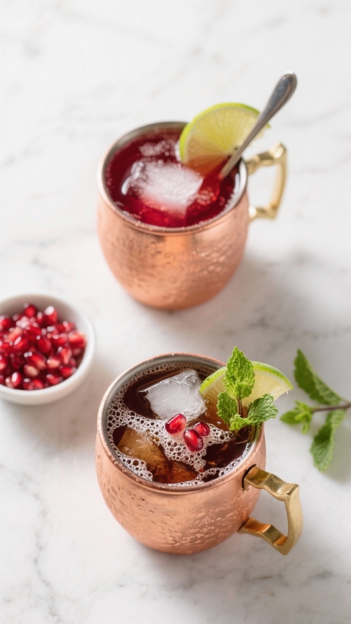 Overhead tasty top view: Top-down shot of two finished pomegranate mules—one vodka-based and one b