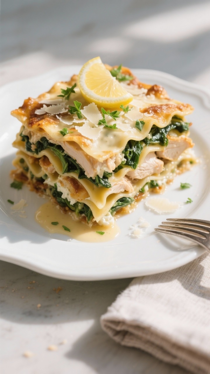 Plated serving hero shot: A tall, clean slice of chicken lasagna on a white ceramic plate, layers di