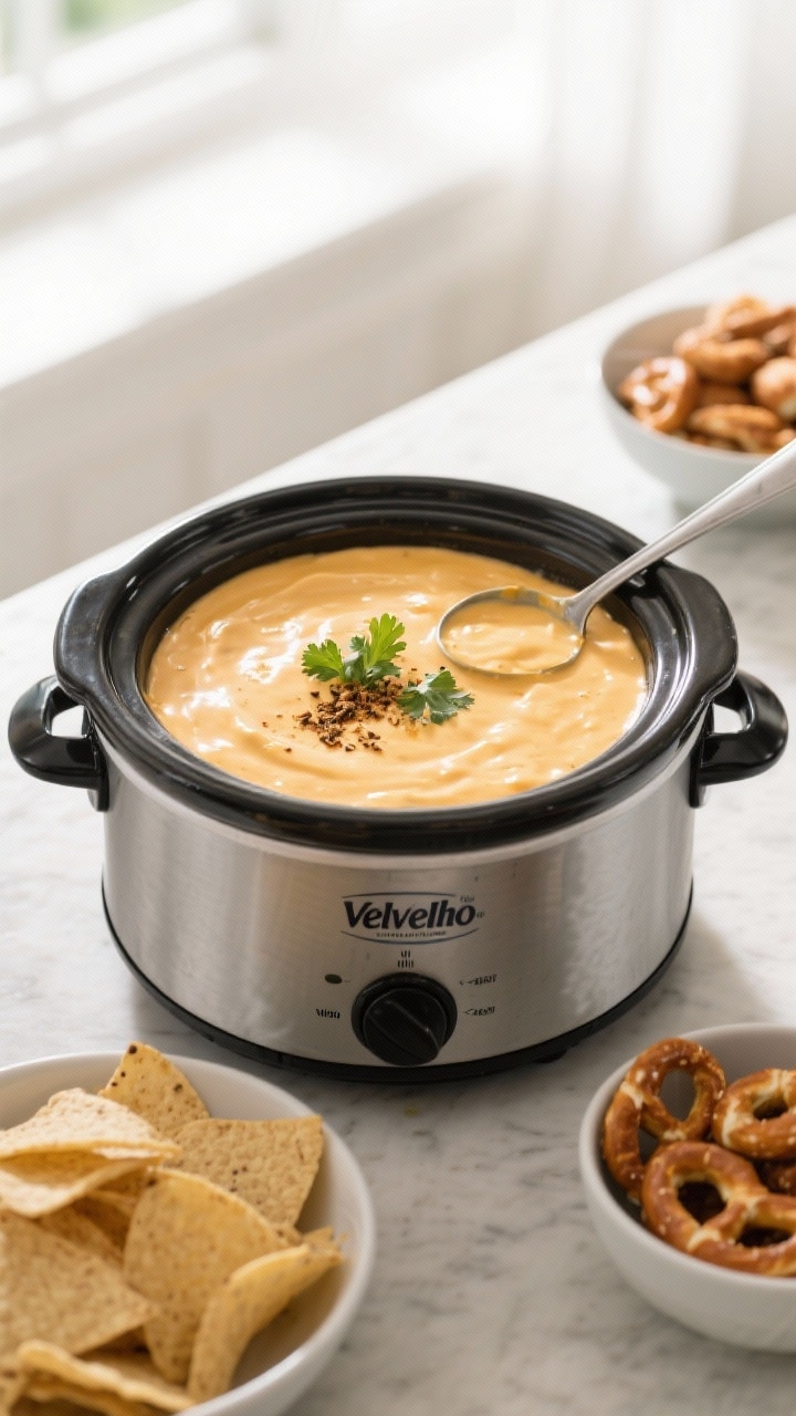 Slow cooker presentation, final dish: Velveeta queso dip kept warm in a small slow cooker on Warm se