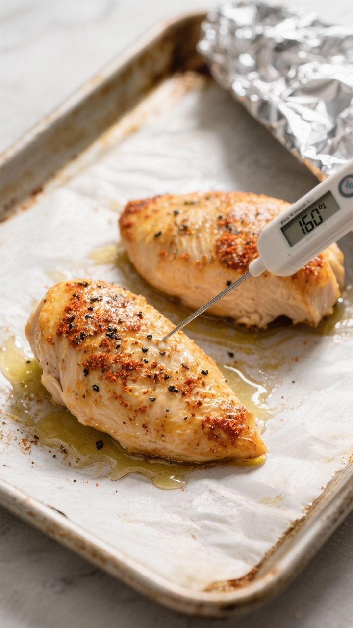 Tasty top view – doneness check: Overhead shot of two baked chicken breasts on the sheet pan just 