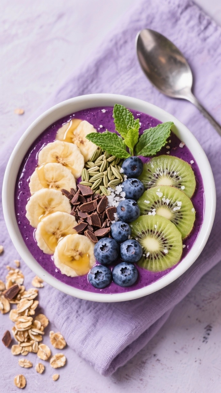 Tasty top view: Final acai smoothie bowl, overhead, vibrant purple base with toppings arranged in cl