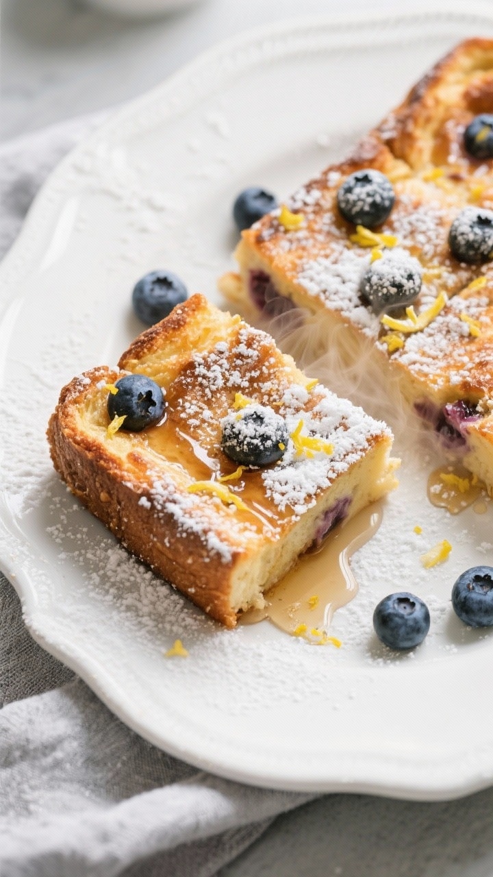 Tasty top view: Final baked blueberry french toast casserole cut into neat squares, overhead composi