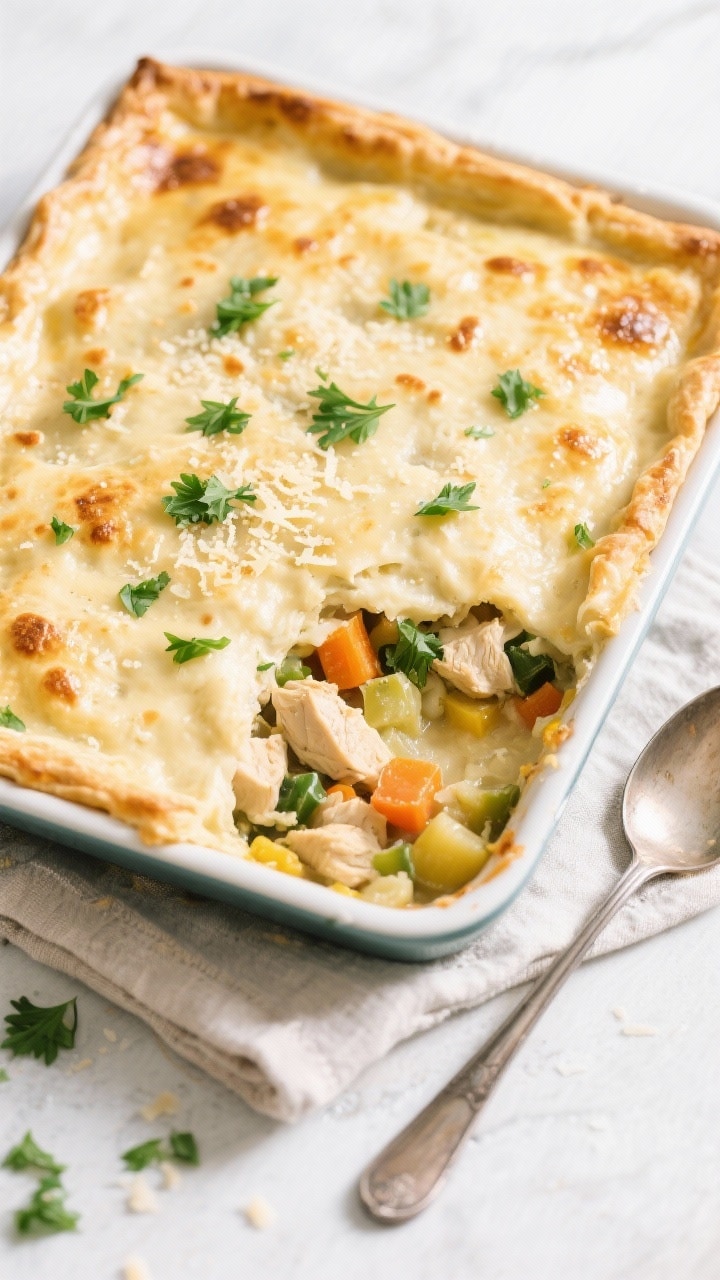 Tasty top view: Final baked crustless chicken pot pie in a 9x9 ceramic dish, top evenly set and ligh