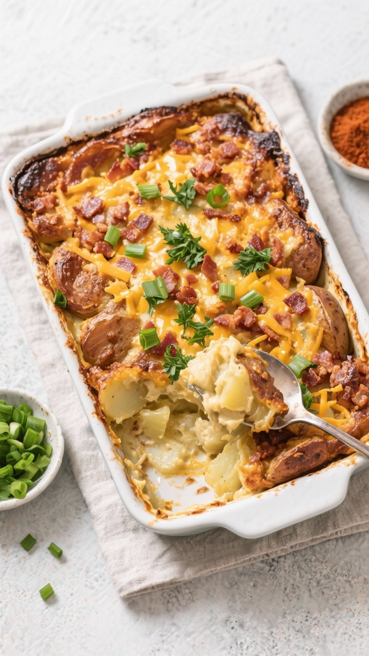Tasty top view: Final baked Mississippi mud potato casserole in a 9x13 dish, top evenly bronzed and 