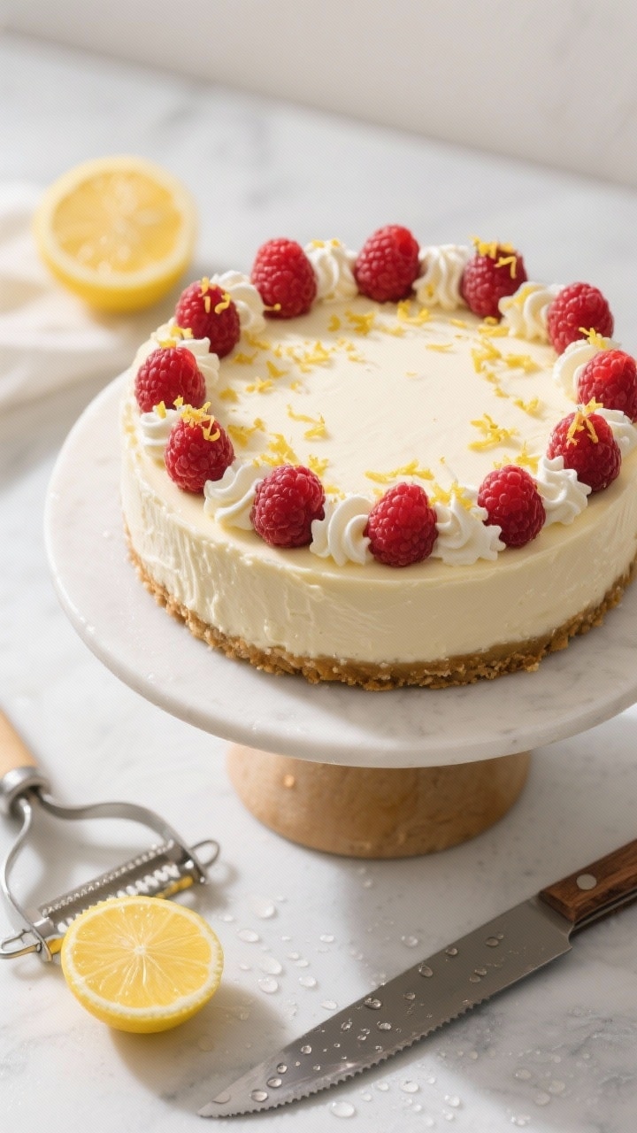 Tasty top view: Final chilled cheesecake on a simple cake stand, topped with a ring of fresh raspber