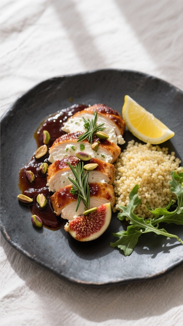 Tasty top view, final plated: Overhead shot of sliced chicken with fig jam and goat cheese fanned on