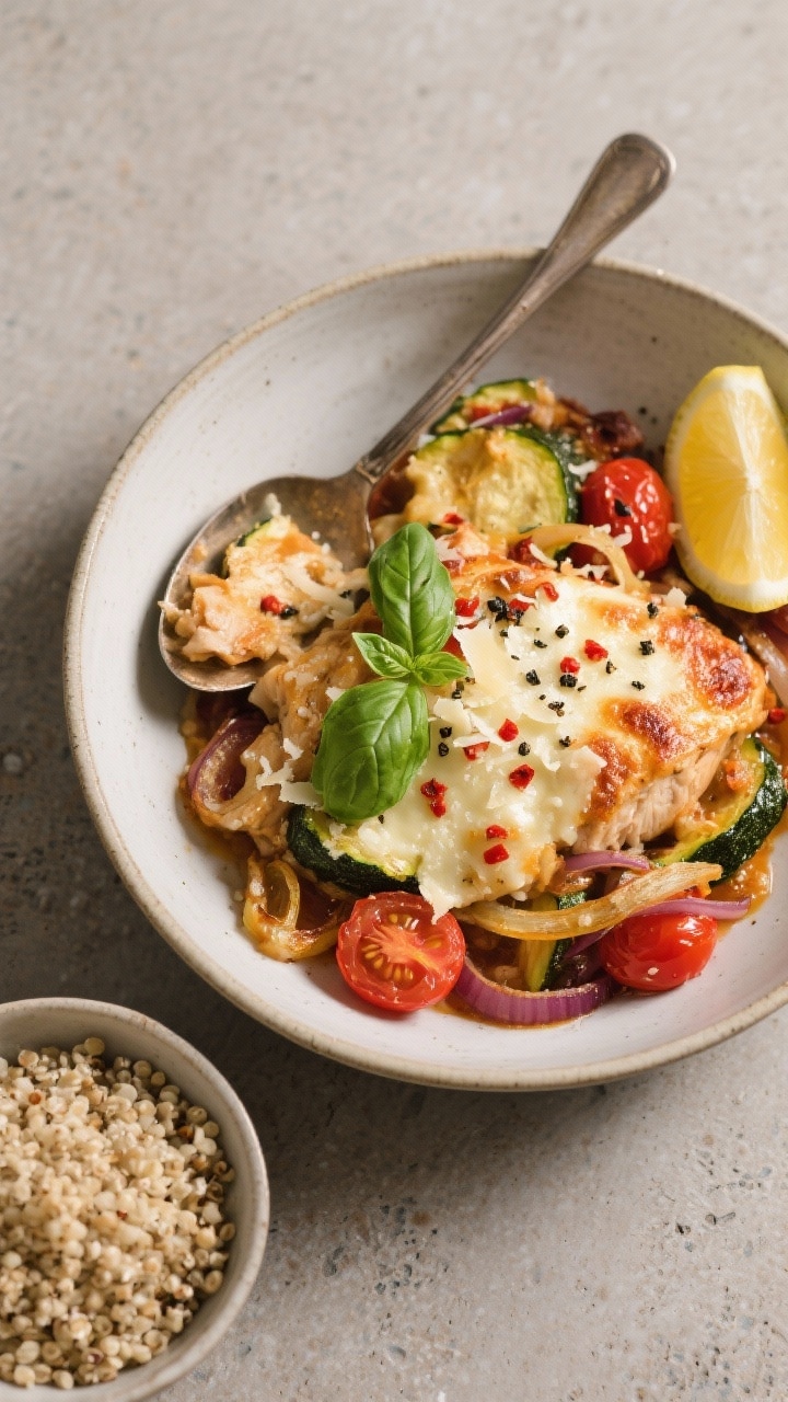 Tasty top view: Final plated serving in a wide, shallow bowl—hearty spoonful of the chicken zucchi