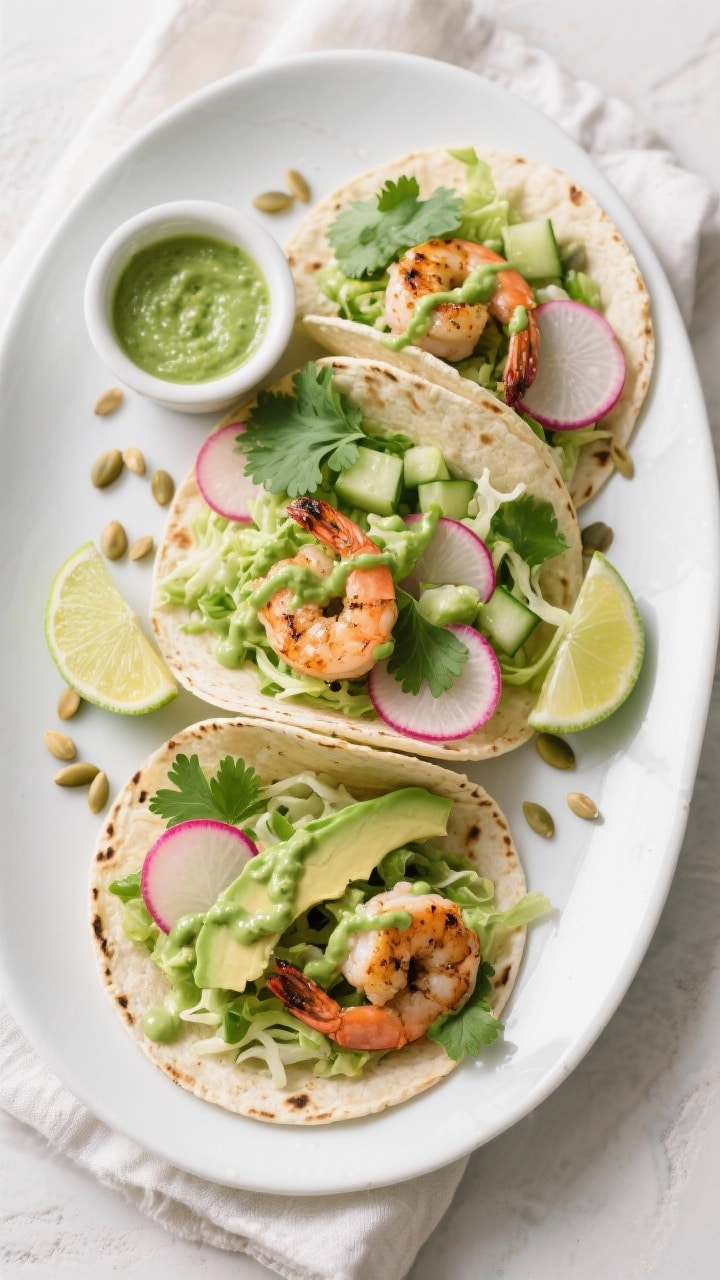 Tasty top view: Fully assembled Green Goddess Tacos on a large white ceramic platter—neatly lined 