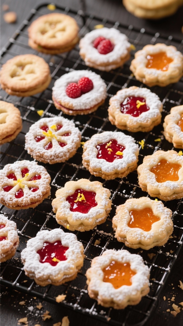 Tasty top view: Neatly arranged assortment of finished jam cookies on a cooling rack, dusted lightly