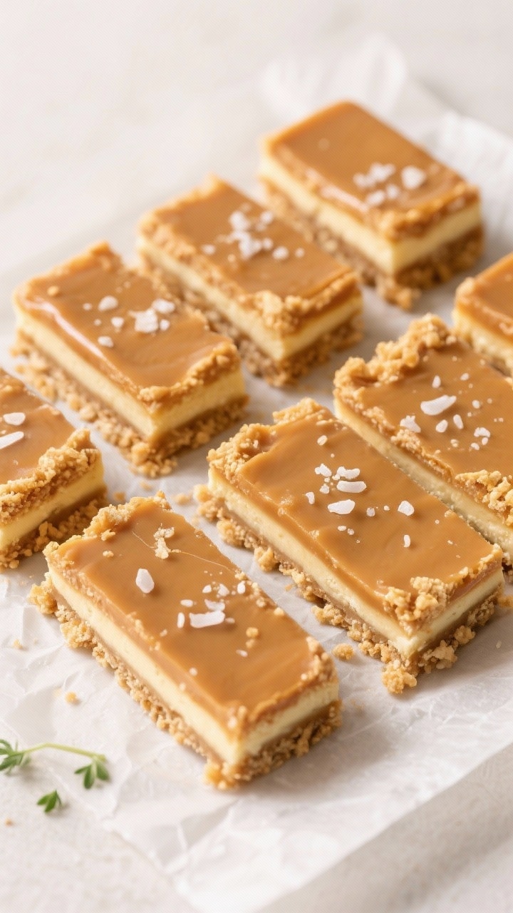Tasty top view: Neatly sliced squares of Salted Caramel Butter Bars arranged in a grid on parchment,
