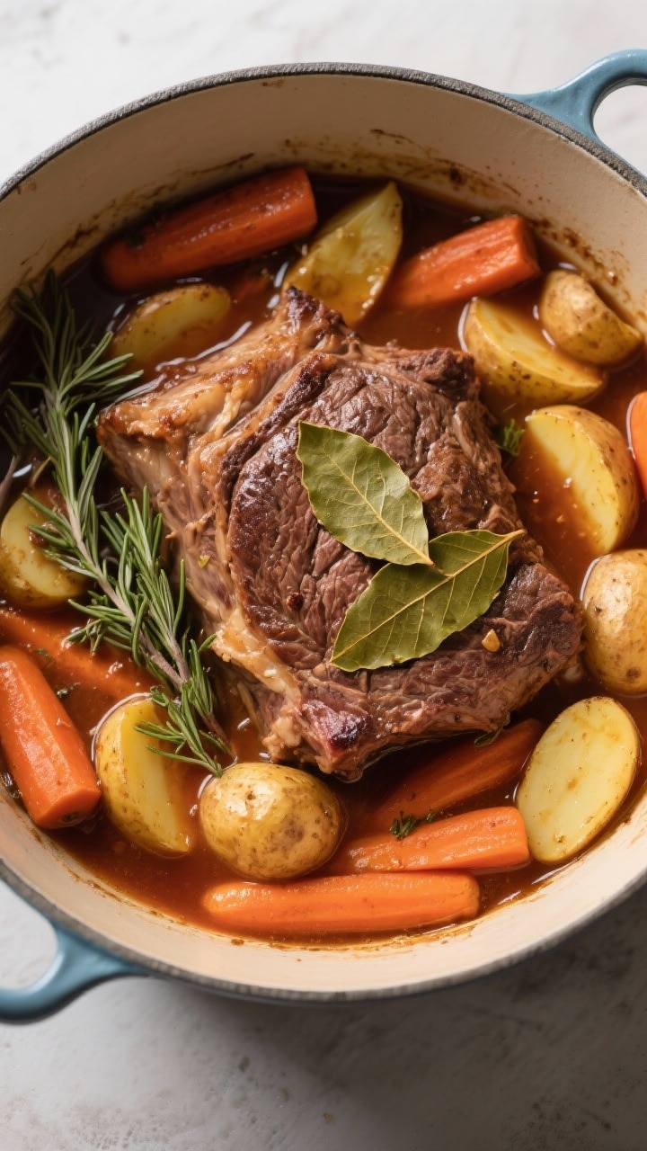 Tasty top view — One-pot braise: Overhead shot of the pot roast mid-braise in a Dutch oven, beef n