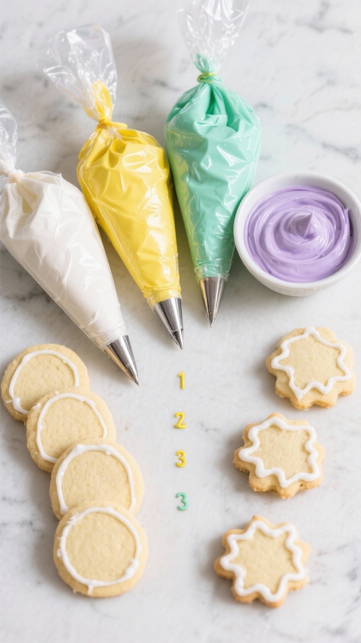 Tasty top view: Overhead “coloring and bagging” scene featuring small bowls of vividly tinted ge