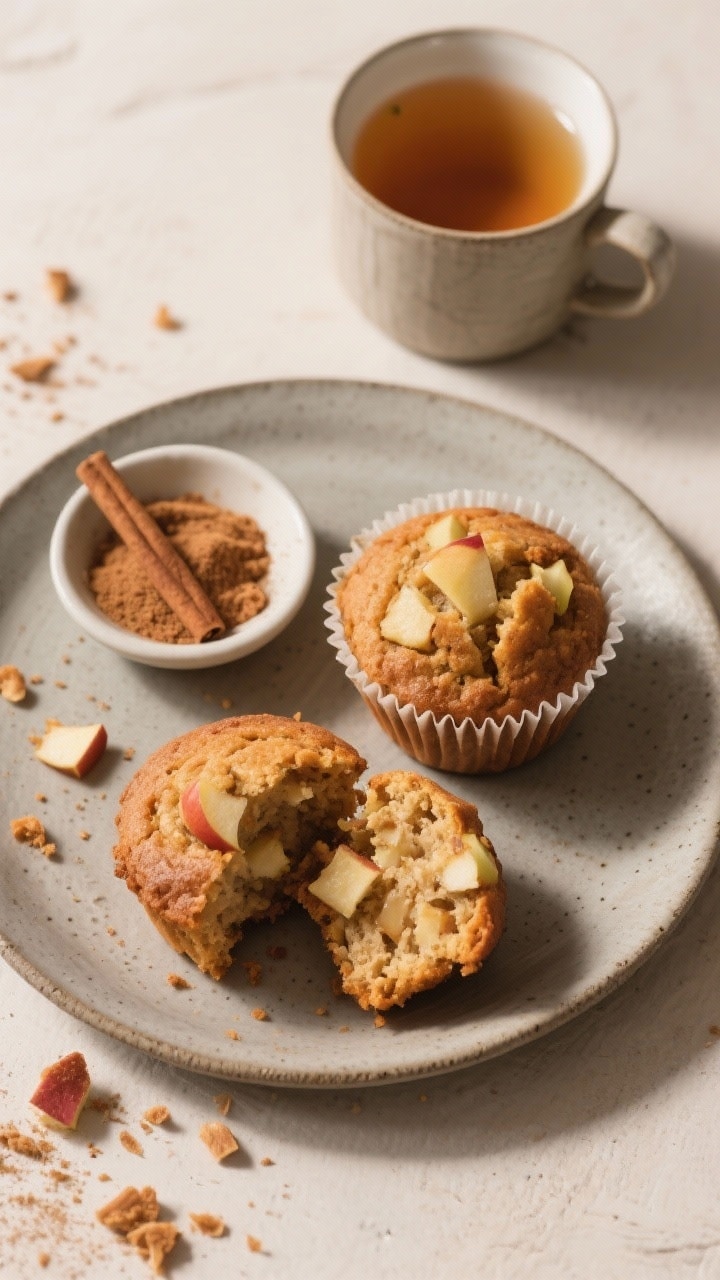 Tasty top view: Overhead breakfast scene with two muffins on a matte stoneware plate, one cut in hal