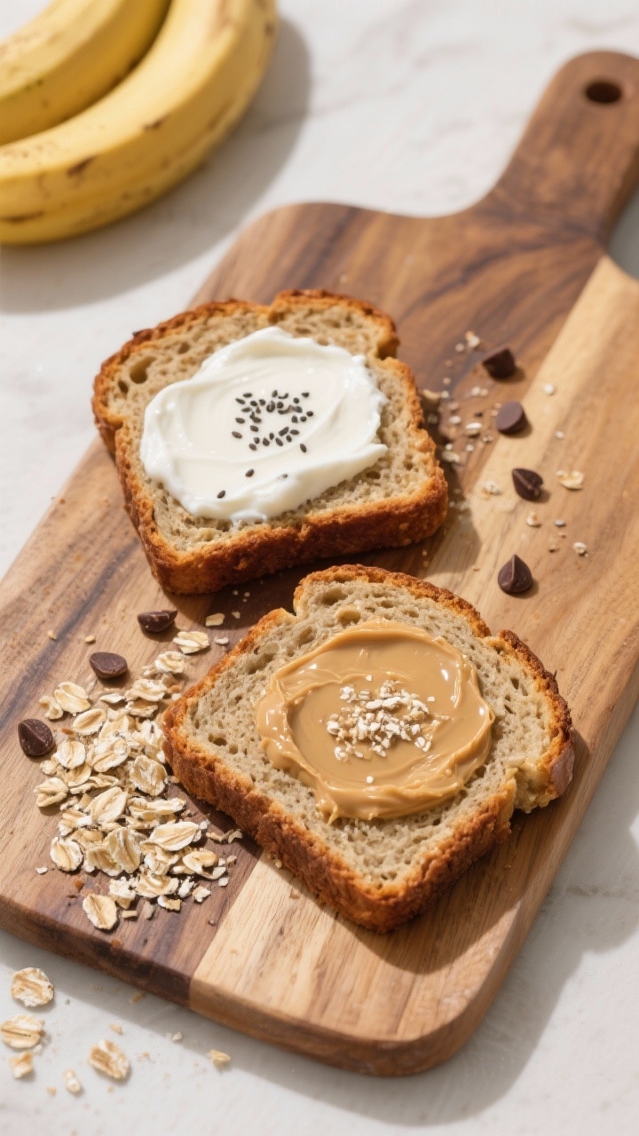 Tasty top view: overhead breakfast scene with two toasted slices of protein banana bread on a wooden