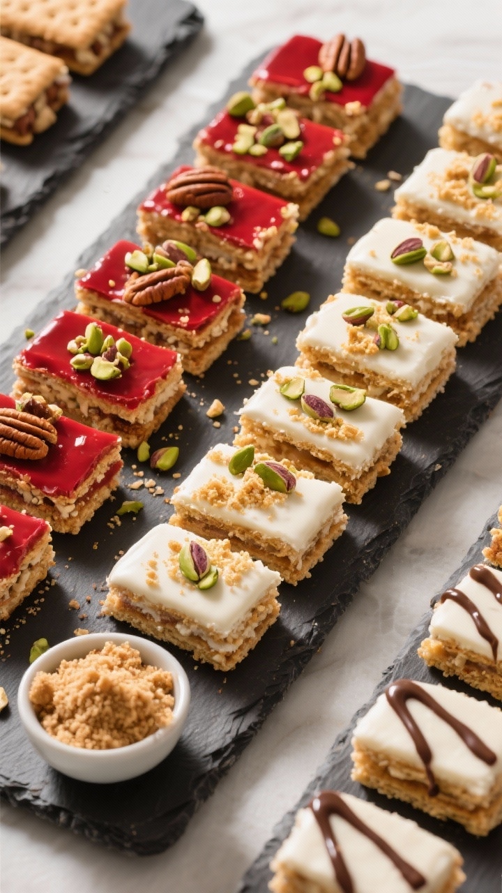 Tasty top view: Overhead buffet-style spread of variation trio—classic graham-topped, nutty crunch
