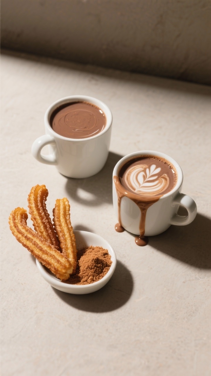Tasty top view: Overhead café-style scene of two mugs of champurrado at ideal sipping thickness—v