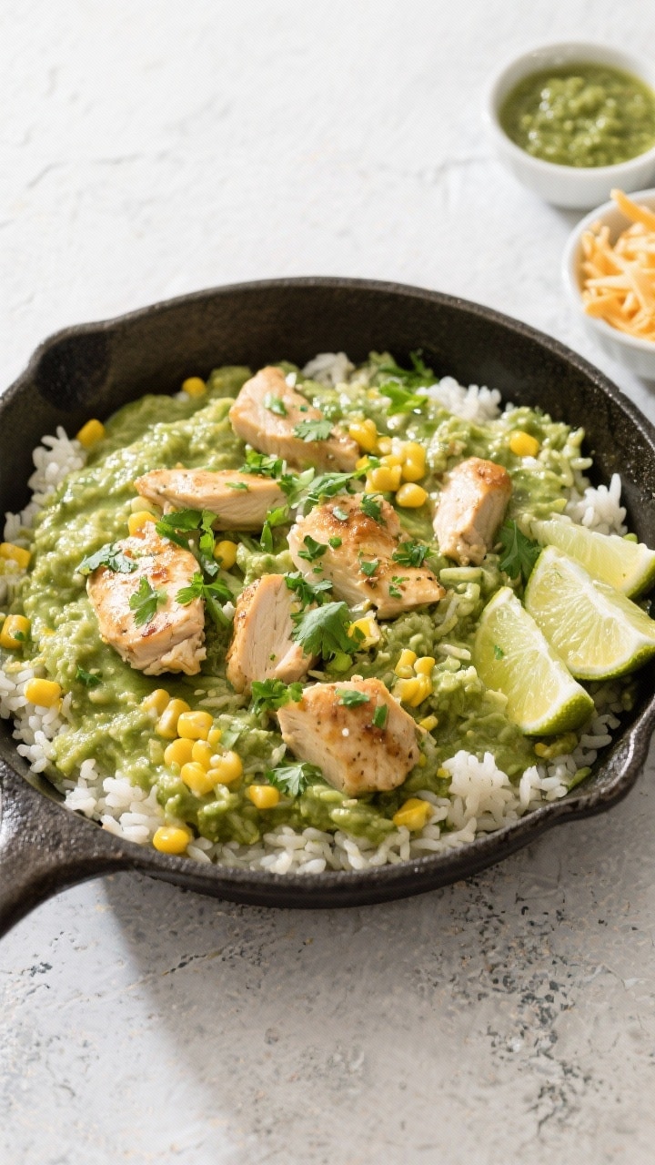 Tasty top view: Overhead family-style presentation of the finished skillet on a light stone surface,