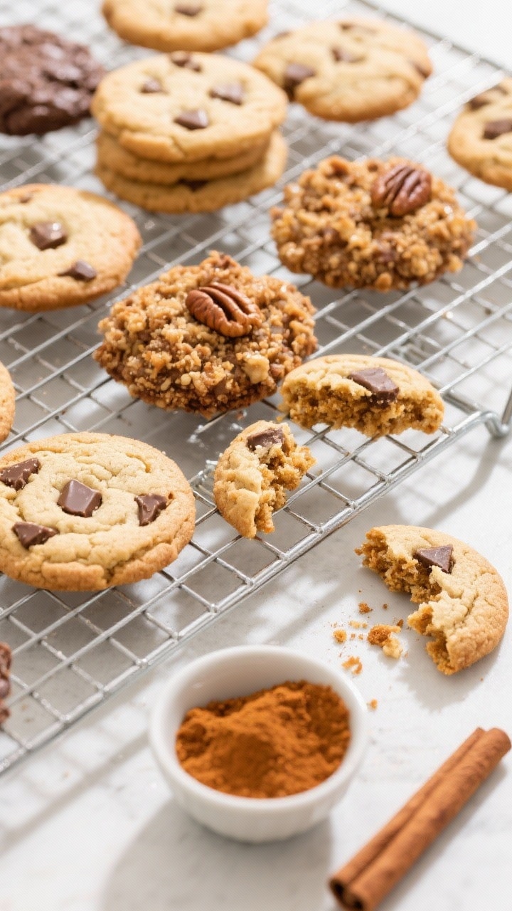 Tasty top view: Overhead hero shot of a cooling rack filled with assorted cookie variations—classi