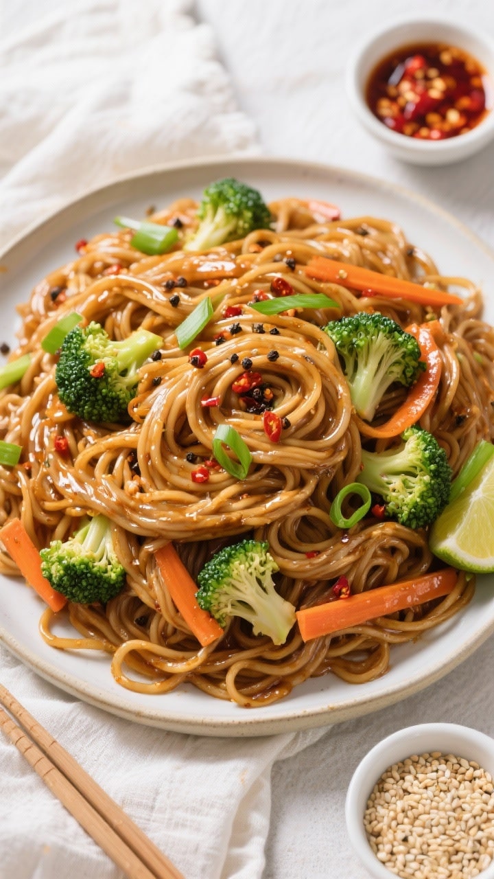 Tasty top view: Overhead hero shot of a family-style serving platter piled high with sticky noodles,