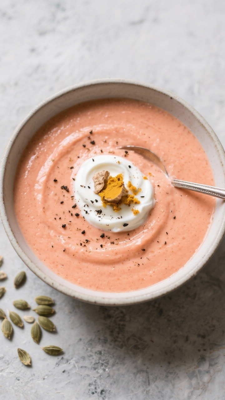 Tasty top view: Overhead hero shot of the finished smoothie served thick and spoonable in a low bowl