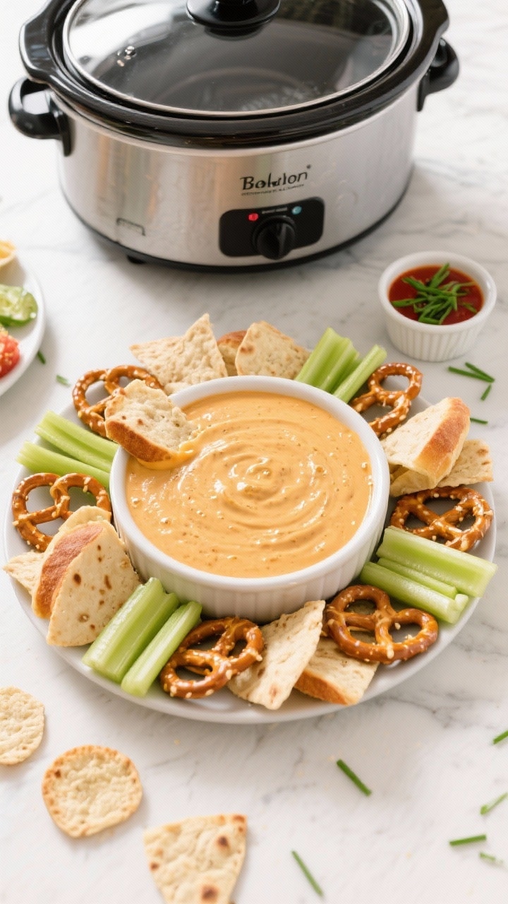 Tasty top view: Overhead party-style scene of the crockpot on Warm with the lid off, dip smooth and