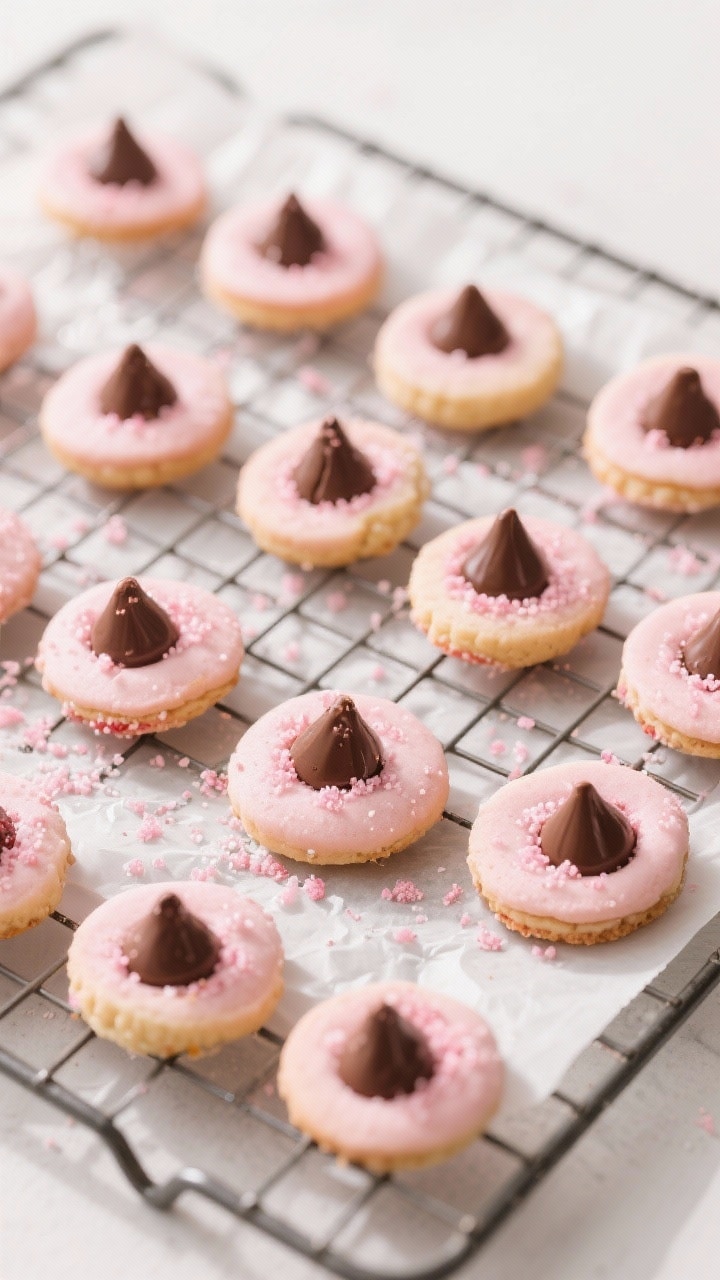 Tasty top view: Overhead shot of a cooling rack filled with finished strawberry kiss cookies—unifo
