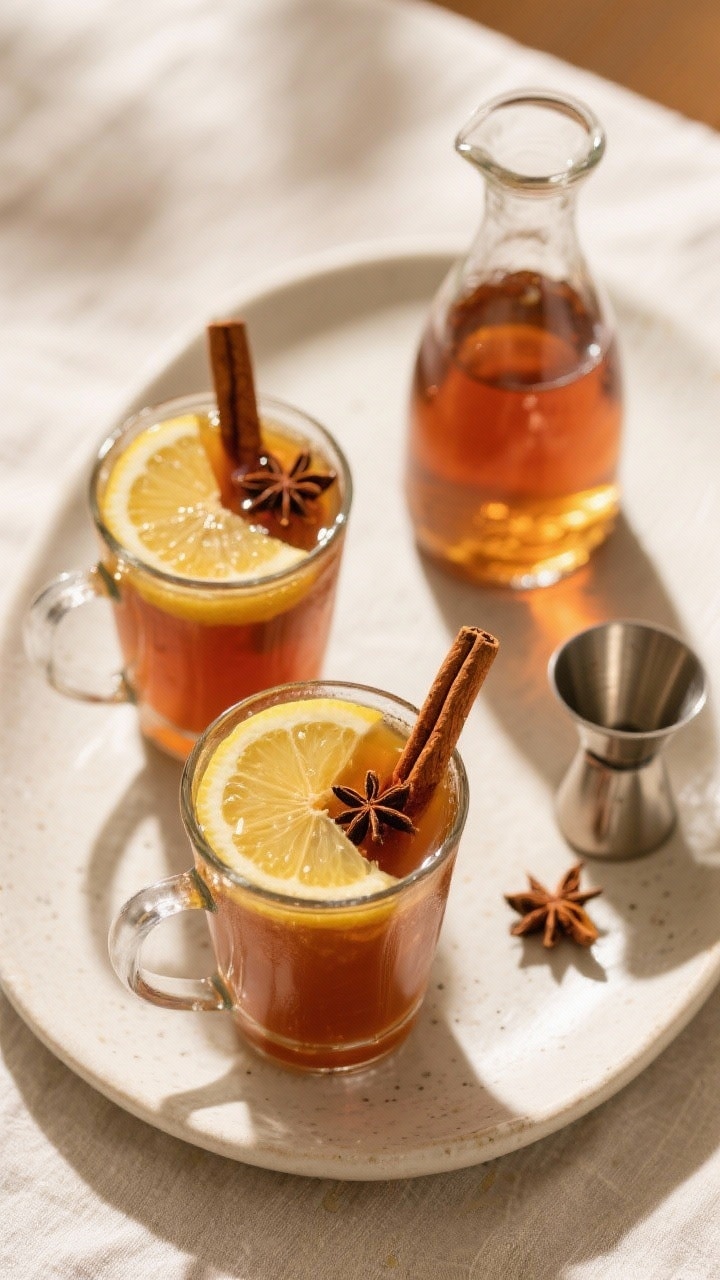 Tasty top view: Overhead shot of a cozy serving setup for a gathering—two finished tfb toddies sid