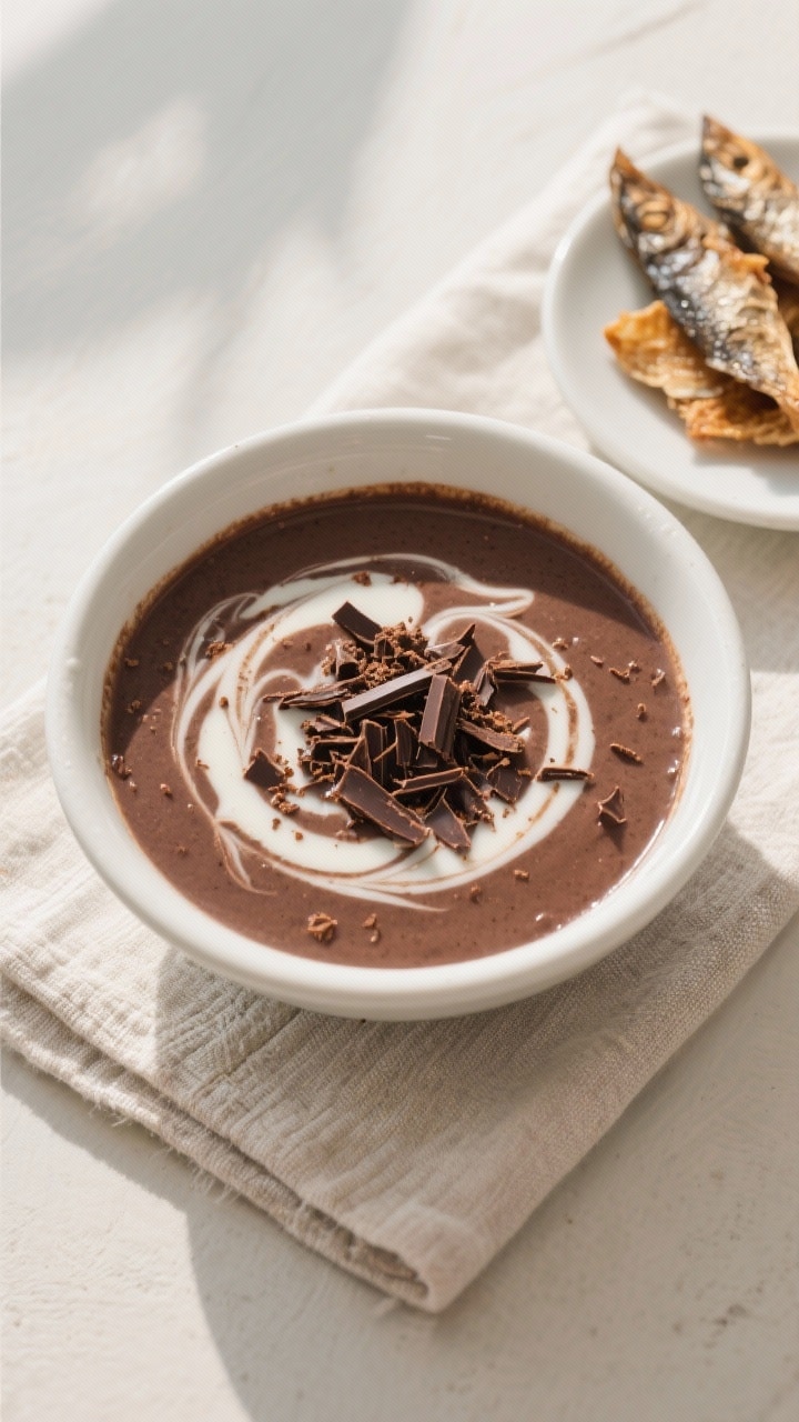 Tasty top view: Overhead shot of a finished bowl of champorado in a wide white ceramic bowl, deep ch
