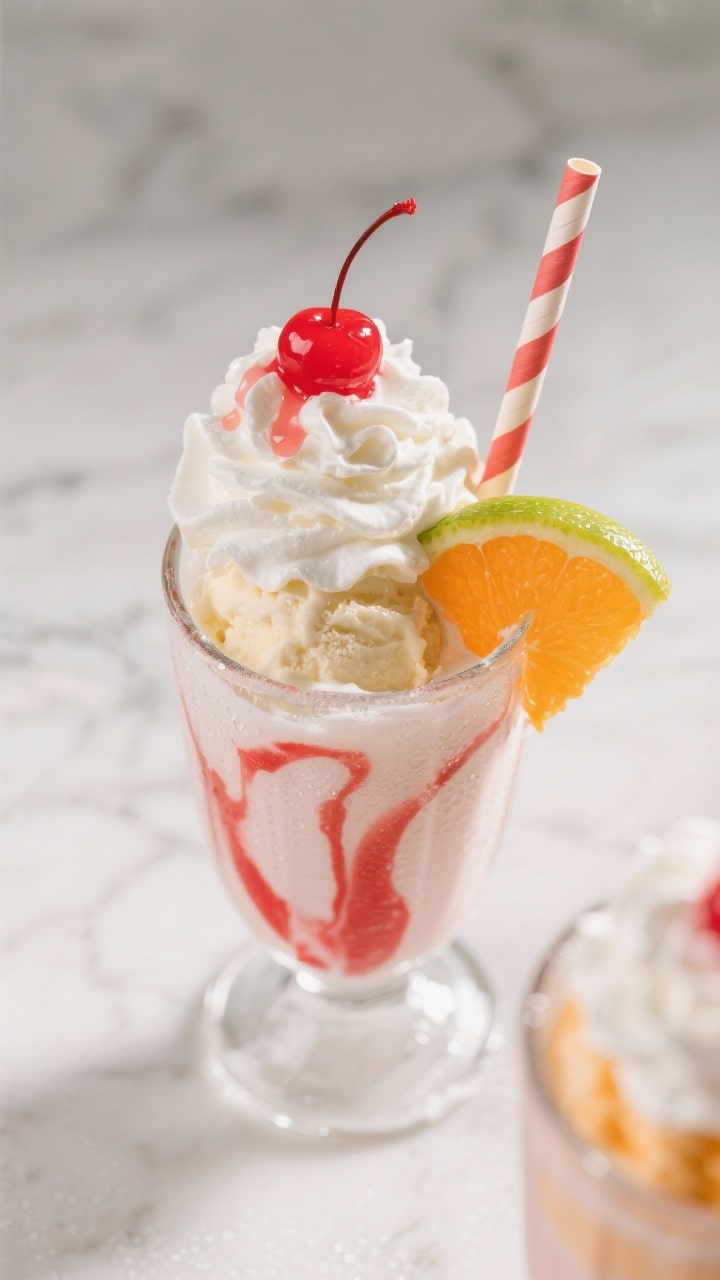 Tasty top view: Overhead shot of a finished Shirley Temple Float—pillowy whipped cream swirl, glos