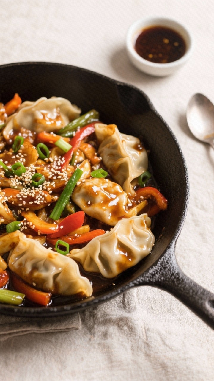 Tasty top view: Overhead shot of a glossy potsticker stir fry served family-style in a shallow black