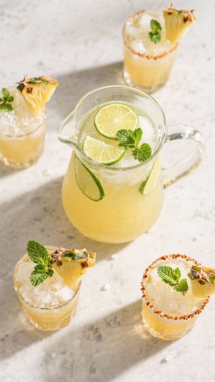 Tasty top view: Overhead shot of a party pitcher scene—finished mocktail ready to pour, the pitche