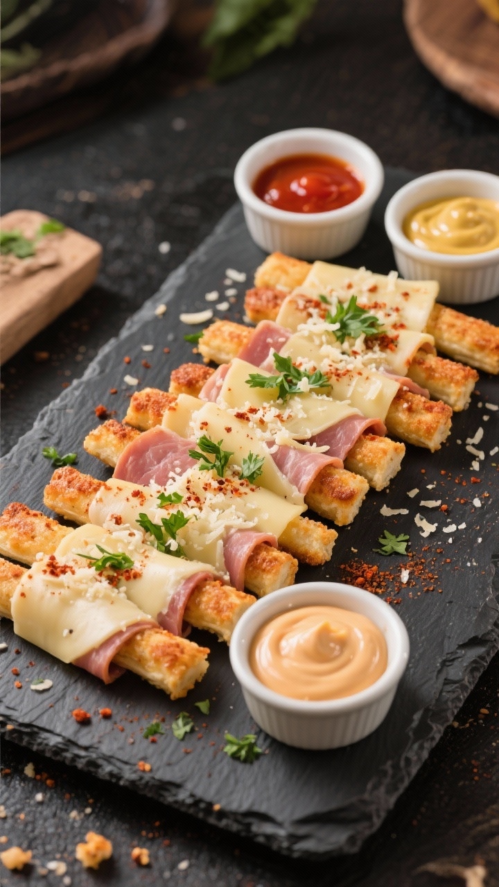 Tasty top view: Overhead shot of a platter of ham and cheese sticks arranged in neat rows on a dark