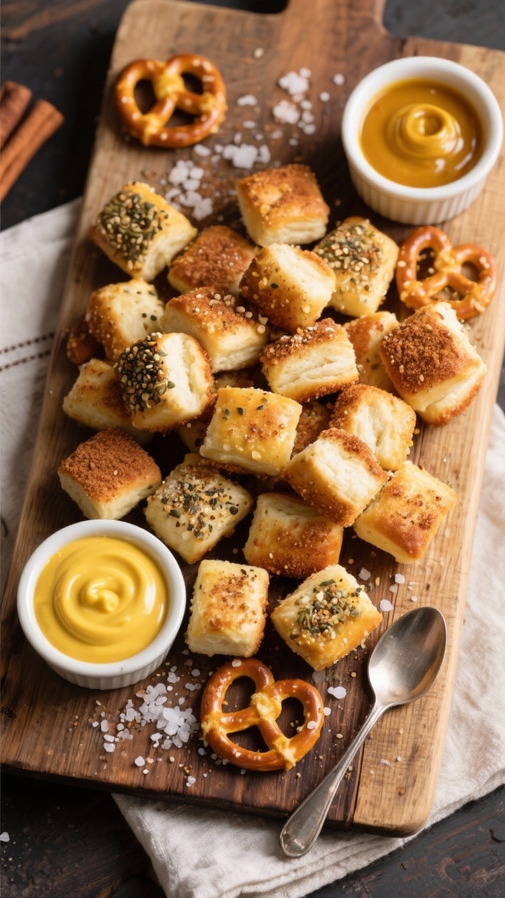 Tasty top view: Overhead shot of a rustic board piled with buttery soft pretzel bites, arranged arou