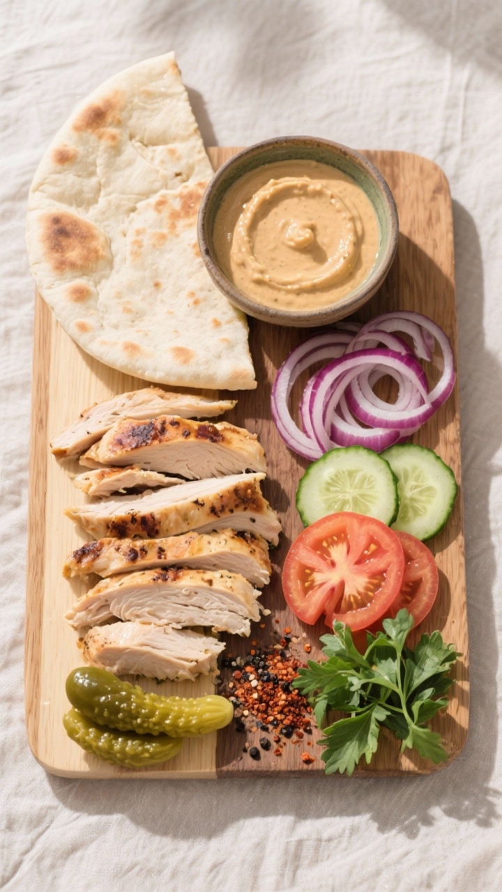 Tasty top view: Overhead shot of a shawarma assembly board—warm, soft pita, a bowl of velvety garl