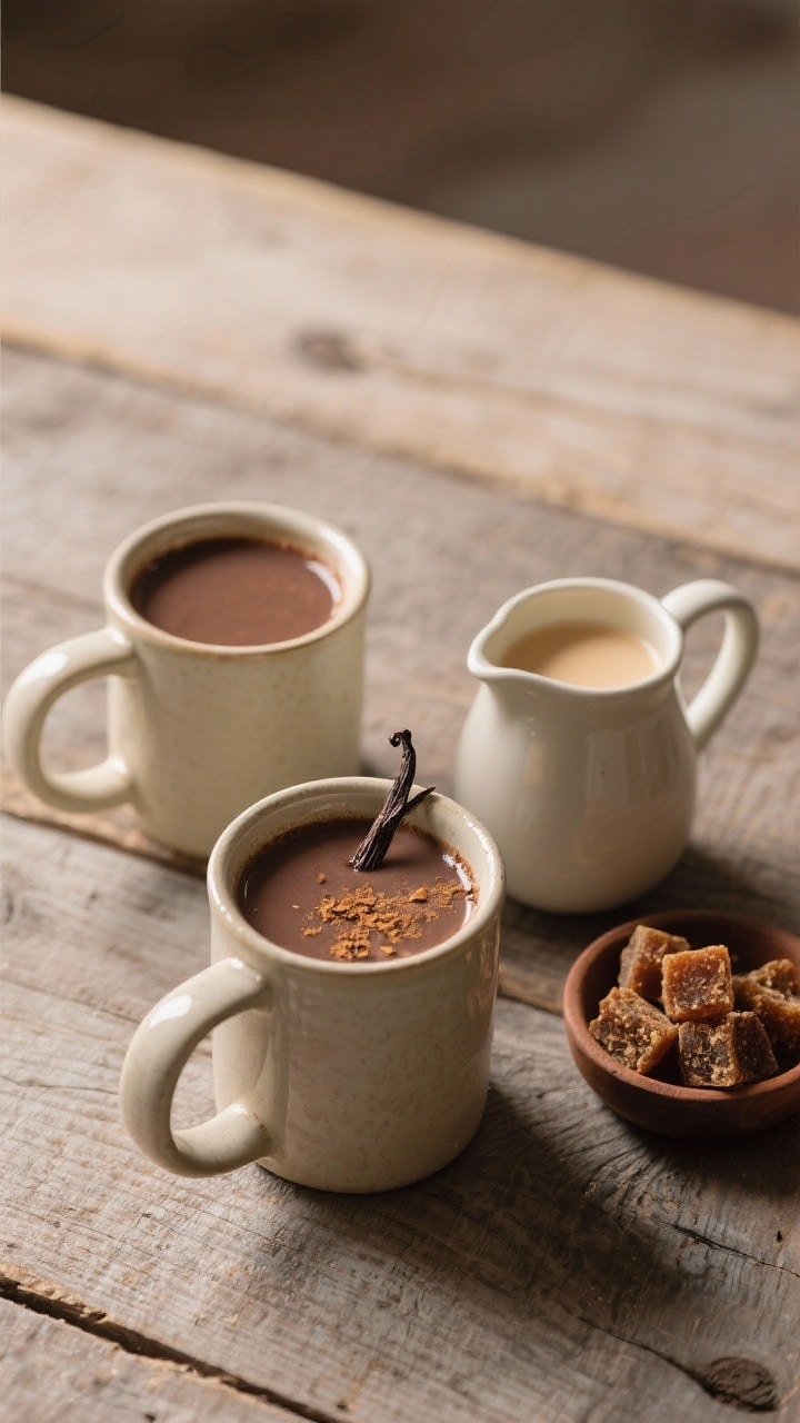 Tasty top view: Overhead shot of a small gathering setup—two mugs of champurrado with slightly dif